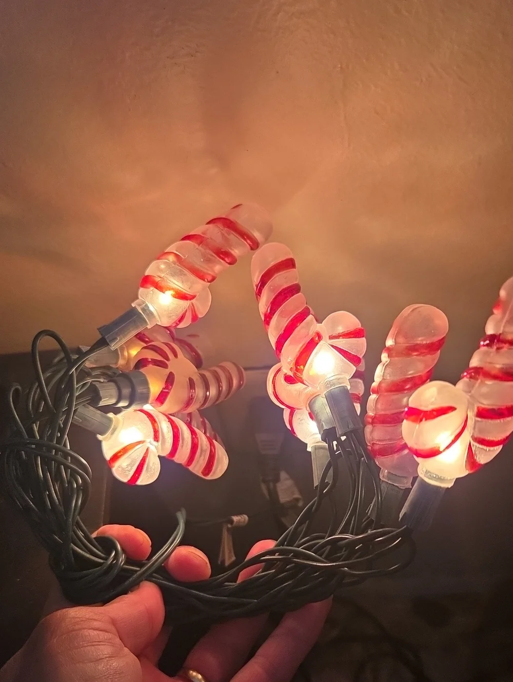 Vintage Candy Cane Christmas String Lights Red & White Plastic Peppermint Twist